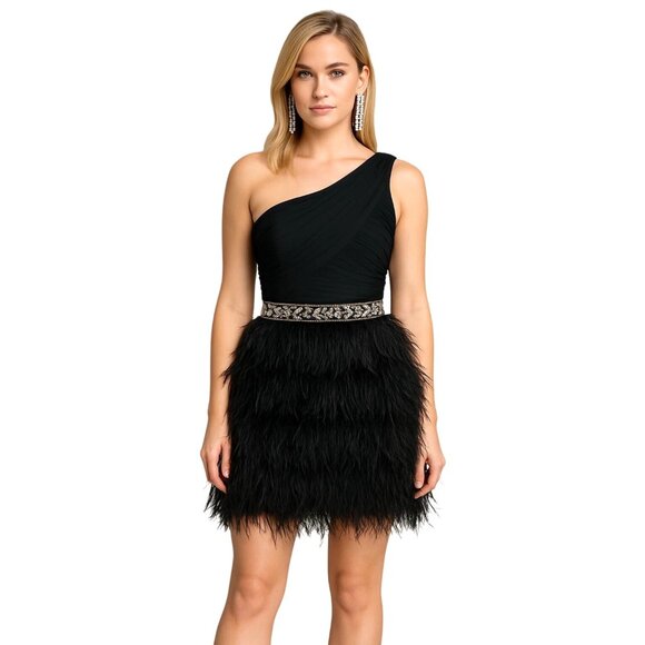 One-Shoulder Pleated Black Tie Feather Cocktail Dress Rhinestone Waist 8 Prom - Picture 1 of 12